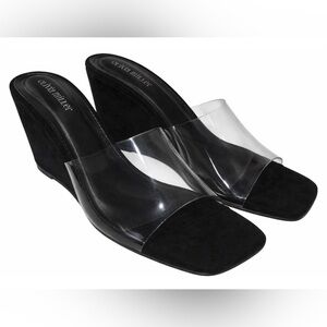 Womens Olivia Miller clear & black suede wedge sandals.